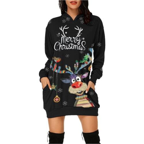 40# Merry Christmas Prints Mini Dress Women Casual Bag Hip Pocket Long Sleeves Wrap Hip Dress With Pockets Warm Deer Mini Dress