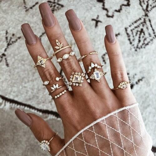 12 Pcs/set Ladies Fashion Opal Drops Geometric Crown Crystal Gold Joint Finger Ring Set Charm Party Wedding Jewelry Gift