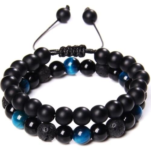 2pcs/Set Multicolor Tiger Eye Bracelet For Men Women Lava Energy Matte Black Onyx Braided Bracelet Set Yoga Elastic Rope Jewelry