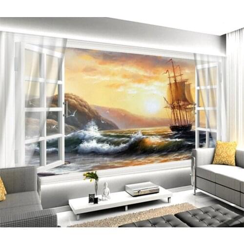 Custom 3D Mural Wallpaper Windows Sunset Scenery Ship TV Backdrop Bedroom Photo 3D Wallpaper Home Decor Living Room Wall
