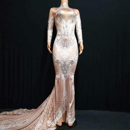 Glisten Rhinestones Printed Long Trumpet Dress Women Birthday Evening Party Outfit Nightclub Female Singer Show Sexy Dresses