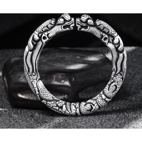 185-195g solid 999 sterling Silver dragon MEN Heavy cuff bracelet bangle jewelry A5151