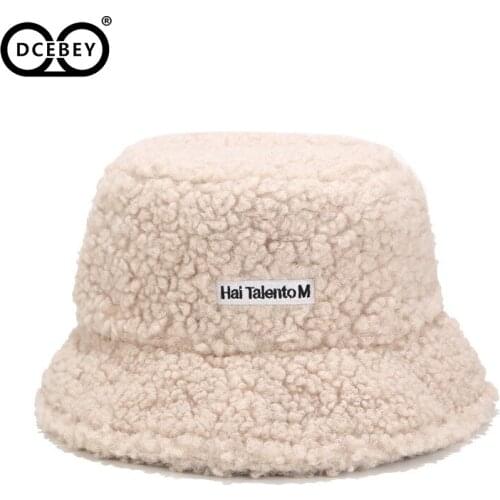 DCEBEY 2020 New Winter Panama Hats Women Men Outdoor Bucket Hat Female Fashion Letter Embroidery Basin Cap Lamb wool panama hat