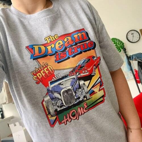 Contrast Color Large Pattern Retro America Style T Shirts for Women Loose Oversized White Cotton Fashion Girls Streetwear