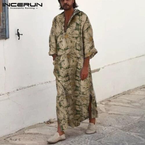 INCERUN Fashion Men Printed Islamic Muslim Arabic Kaftan Cotton Pockets Hooded Jubba Thobe Men Long Sleeve Robes Dubai Abaya