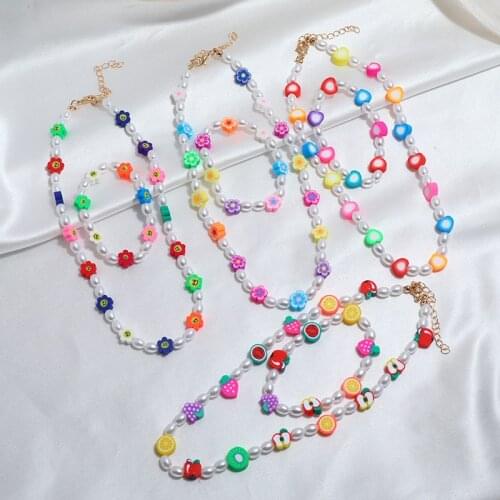 Fashion Imitation Pearl Choker Necklace And Braceelt Set For Women New Bohemian Heart Fruits Short Collar Jewelry Gift