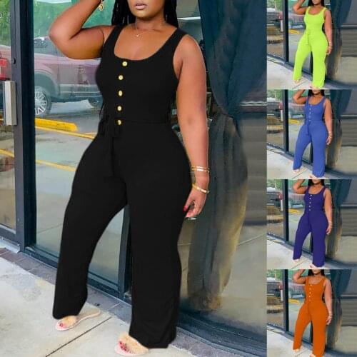 Summer New Womens Fashion Solid Color Sleeveless Button Wide-leg Jumpsuit Outfits Casual Rompers Bodysuit combinaison femme