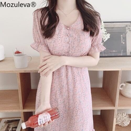 Mozuleva Summer Flower Print singel breasted Women Short-Sleeve Chiffon Dress Female V-neck Party Holiday Dress Bohe Vestidos