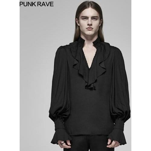 PUNK RAVE Mens Rococo V-neck Pleated Bubble Sleeves Shirt Gothic Gorgeous Flounces Lace Stage Perofrmance Dinner Tops