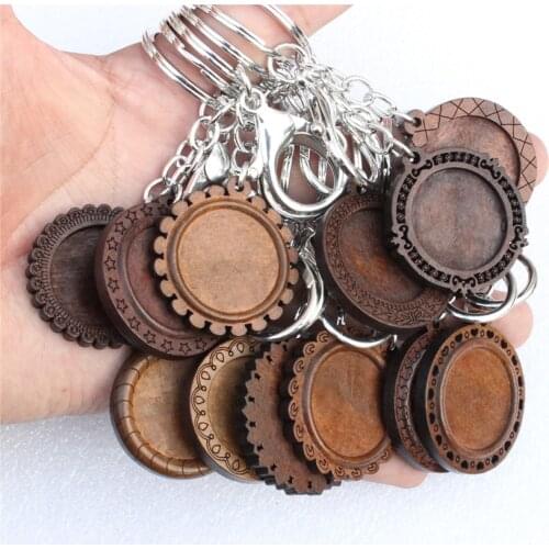 Fit 25mm Cabochons brown Wood Key Rings Chain Cord Base blank Wooden Pendant Trays Diy Jewelry Accessories Making 5pcs K06078