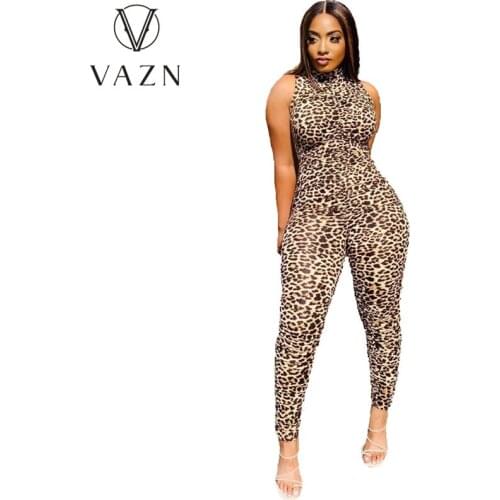 VAZN 2021 Hot Popular Leopard Sexy Young Joker Sweet Turtleneck Tank Sleeve High Waist Women Pencil Jumpsuits