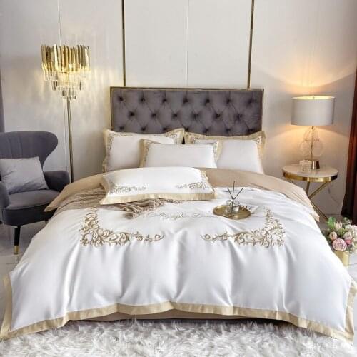 Luxury White/Khaki Splice Satin Silk Cotton Embroidery Bedding Set Queen King Double Duvet Cover Set Bed Sheet Set Pillowcases