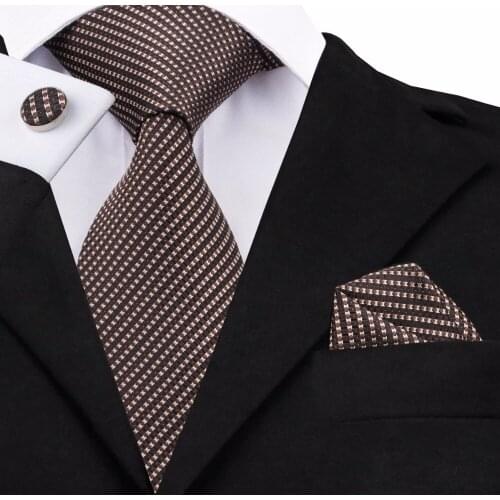 SN-663 Browns Striped Tie Hanky Cufflinks Sets Mens 100% Silk Ties for men Formal Wedding Party Groom