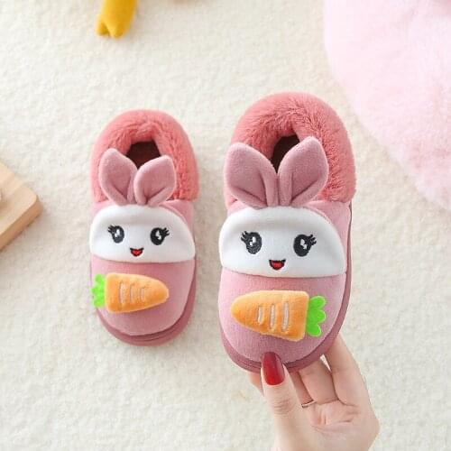 Cartoon Warm Plush Shoes Carrot Bunny Fur Slides Kids Slippers For Girls Boys Wholesale Children Cute Winter Home Fuzzy Slippers