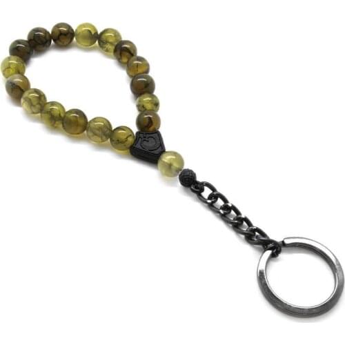 Tesbihane Strand Moss Agate Natural Stone-Steel Kombinli Rosary Keychain
