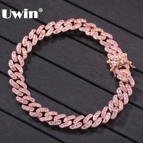 UWIN Rose Gold Color Cuban Link Bracelet 9mm Iced Out Pink Cubic Zirconia Men Women Bracelets Fashion Hiphop Jewelry