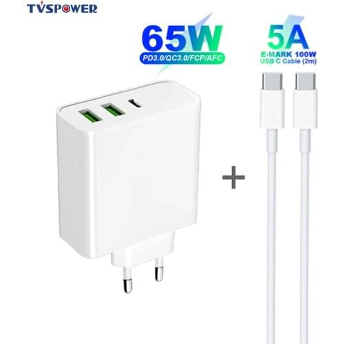 PD 65W Fast Charger QC3.0 For Macbook ASUS Switch Type C USB Chargers For iPhone For Samsung Xiaomi Wall Adapter 5A E-mark Cable