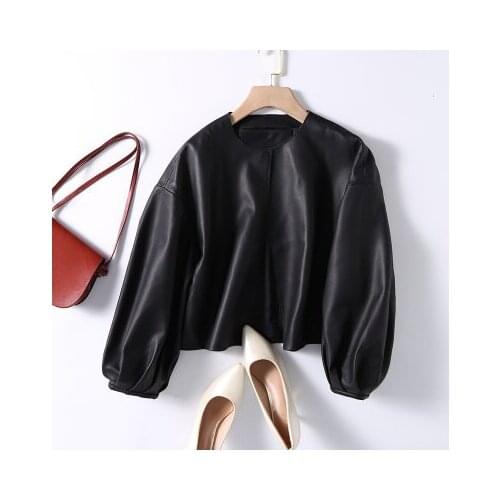 Genuine Sheep Leather Jacket Women High Waist Lantern Sleeve Real Leather Jacket G4466