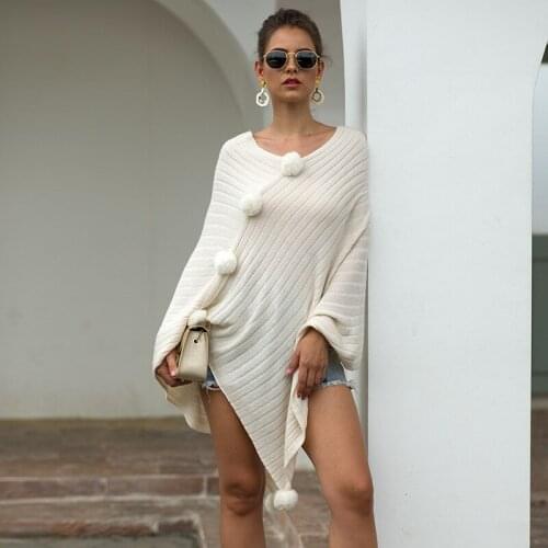 Fall 2020 winter womens European and American Cape Pullover V-neck wool ball solid sweater