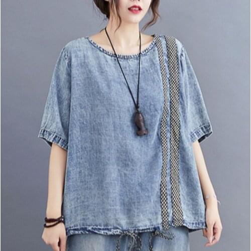 2021 summer Women T shirt O neck Denim Thin Loose O neck Short Sleeve Ladies Big Size Women Blouse