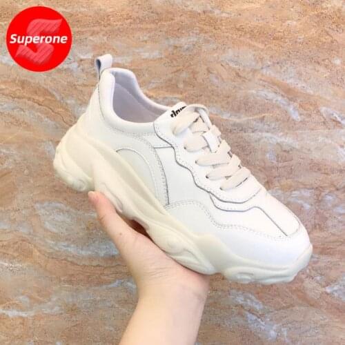 Superone New Women Sneakers Real Leather Thick Bottom Women Shoes Candy Color Woman Shoes Daily Footwear Size 35-39