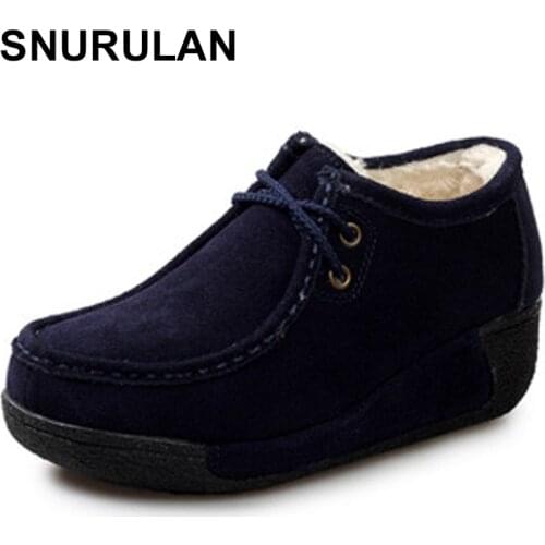 SNURULAN Genuine Leather Platform Winter Women Shoes Warm Plush Wedge Shoes Woman Comfort Lace Up Casual Ladies ShoesE591