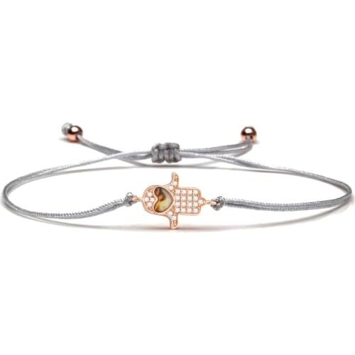 Sparkling White Cubic Zirconia Stones Hamsa Hand Peach Love Heart Charm Bracelet For Women Rose-gold CZ Crystal Jewelry Present