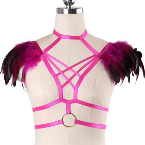 Womens Exotic Angel Wings Body Harness Belt Sexy Fetish Feathers Bondage Harness Lingerie Cosplay Wear Epaulette Cage Bra