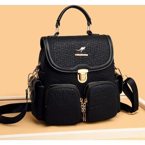 Womens Leather Backpack 2021 New Waterproof Backpack Black PU Ladies Rucksack Multi-Function Bagpack Casual Female Mochila Lady