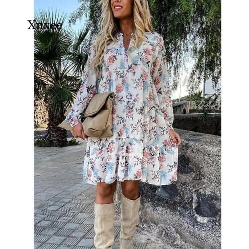 Autumn Dress white Fall Women Sexy Floral Print V Neck Loose Boho Beach Dress Ruffle Long Sleeve Mini Dress Vestido De Mujer