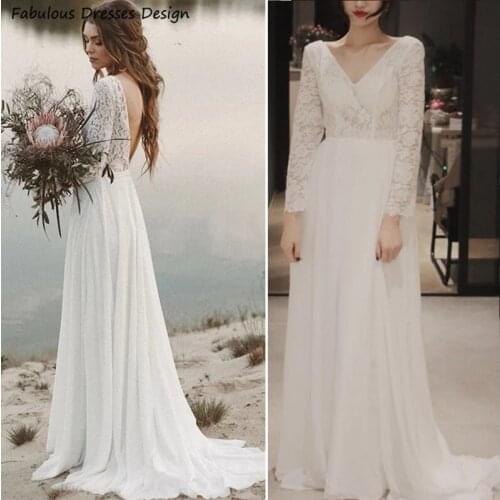V Neck Long Sleeve Wedding Dresses Lace Top And Chiffon Skirt Long A Line Sweep Train 2021 Bridal Gown Robe De Soirée De Mariage