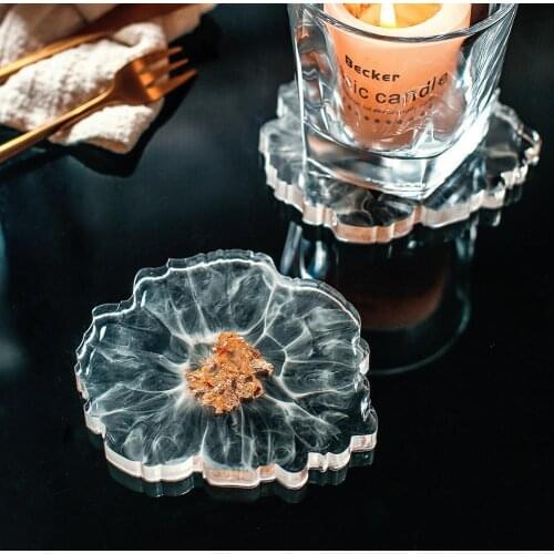 1 Pc Creative Gold Foil Epoxy Resin Coaster Desktop Flower Stripe Coaster Home Table HD Translucent Non-slip Coaster