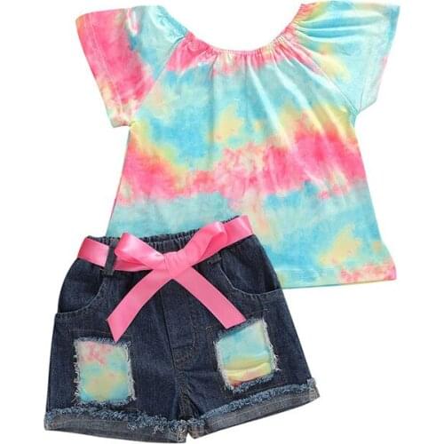 2PCS Toddler Kids Baby Girl Summer Denim Outfits Short Sleeve T shirt Rainbow print tee top Jeans Shorts Clothes Set 1-6 T