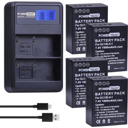PowerTrust 4Pcs BLH-1 BLH1 BLH 1 Replacement Li-ion Battery and LCD USB Dual Charger for Olympus E-M1 Mark II Camera