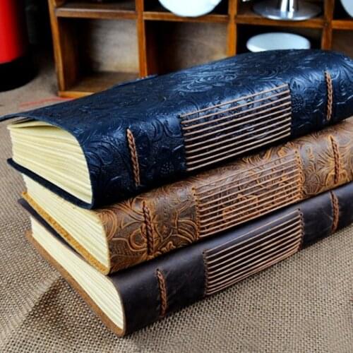 Genuine Leather Notebook Blank Kraft Paper Handmade Vintage Cowhide Diary Journal Sketchbook Floral Design