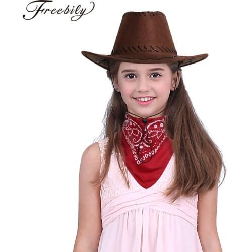 Kids Halloween Roleplay Party Costume Accessories Western Cowboy Felt Drawstring Hat with Bandanna Set for Boys Girls