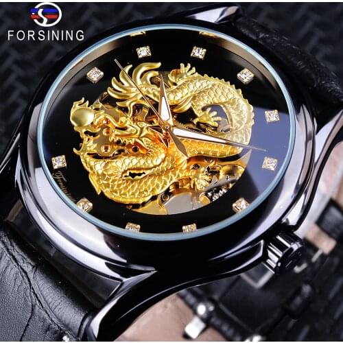 Forsining Chinese Dragon Design Diamond Dial Black Golden Men Watch Luminous Hands Top Brand Luxury Waterproof Mechanical Watch