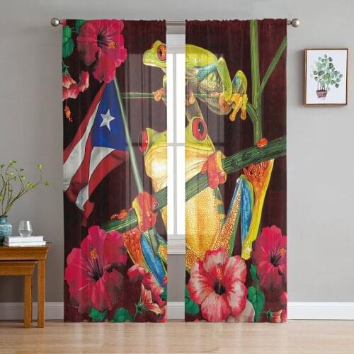 Hibiscus Tree Trunk Puerto Rico Flag Frog Voile Tulle Sheer Curtains for Bedroom Living Room Kitchen Decor Window Curtain