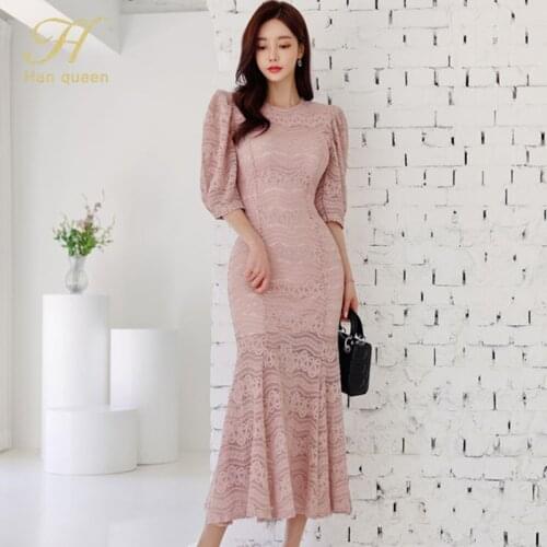 H Han Queen 2021 Summer New Korean Long Dresses Womens Chic Lace Mermaid Dress Lady Simpl Black/Pink Evening Party Vestidos