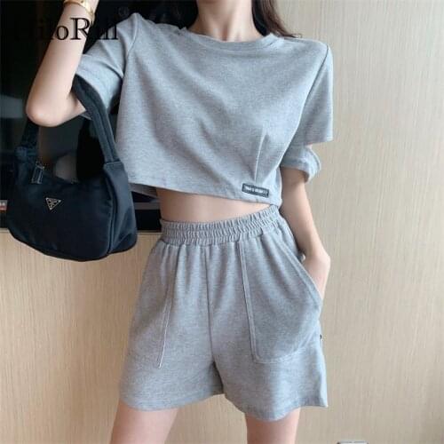 HiloRill Women Solid Casual Tracksuit 2 Piece Set 2021 Chic O Neck Crop Tops Set Home Loose Baggy Sport Shorts Two Piece Outfits