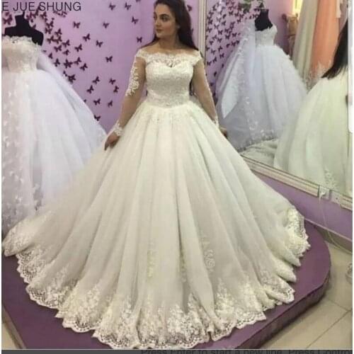 E JUE SHUNG Lace Appliques off the shoulder Wedding Dresses Long Sleeves Lace Up Back Bridal Gowns vestido de noiva