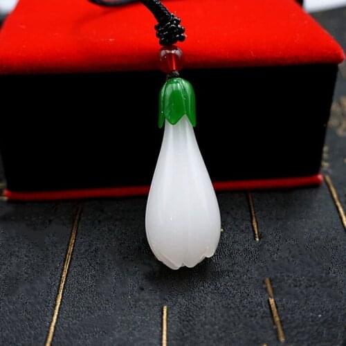 Natural Xinjiang White Jade Magnolia Pendant Jewelry Fine Jewelry Flower Blooming Fortune Lucky Necklace Pendant Sweater chain