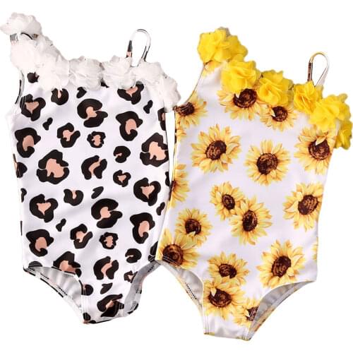 0-5Y Summer Toddler Baby Girls Bikini Sunflowers/Leopard Print Ruffles Lace One Shoulder Swimwear Beachwear