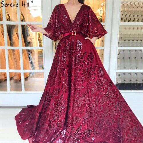 Wine Red V-Neck Sexy A-Line Prom Dresses 2020 Half Sleeves Sequined Sashes Prom Gowns Long Serene Hill BLA70135
