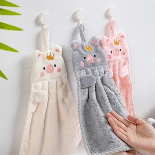 3 Pcs Cartoon Pig Embroidery Pig Hang Hand Towels Dish Towel Dishcloth Rag Coral Velvet Absorbent