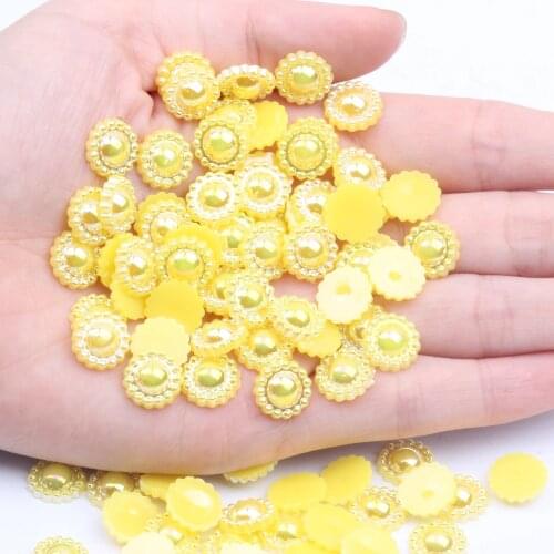 Half Round Pearls Sunflower 10mm 100/1000pcs Many AB Color Imitation Glue On Resin Beads Appliques For Wedding Dress Decoration