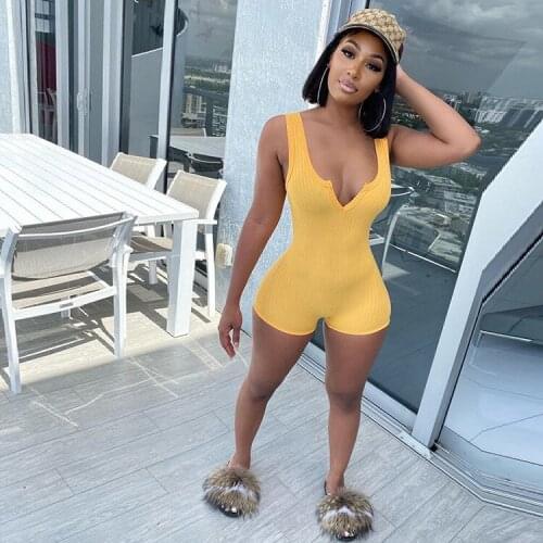 Casual Sportswear Knitted Rib Jumpsuit Women Sexy V Neck Tank Top Biker Shorts Bodycon Playsuit Rompers Womens Jumpsuit Workout