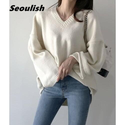 Seoulish Autumn Winter Solid V-Neck Warm Womens Knitted Pullover Sweater 2021 New Long Sleeve Casual Loose Sweaters Female Tops