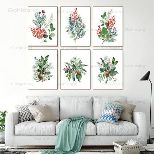 Botanical Canvas Painting Winter Bouquets Greenery Watercolor Decor Holiday Decor Holly Evergreen Pine Living Room Art Painting