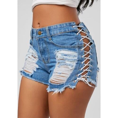Women Sexy Hollow Out Ripped Straps Shorts Summer Hole Denim Jeans Shorts High Waist Short Burr Hole Summer Plus Size Shorts